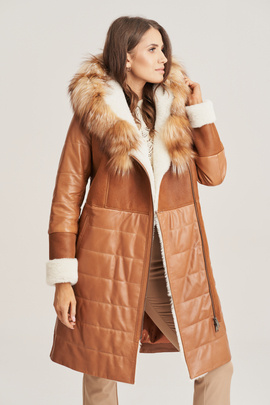 Płaszcz kożuch damski z kapturem - Damska skórzana kurtka zimowa 